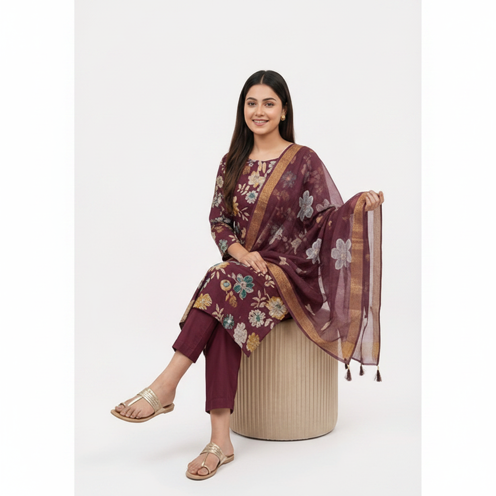 DEEP WINE PRINTED KURTI SET