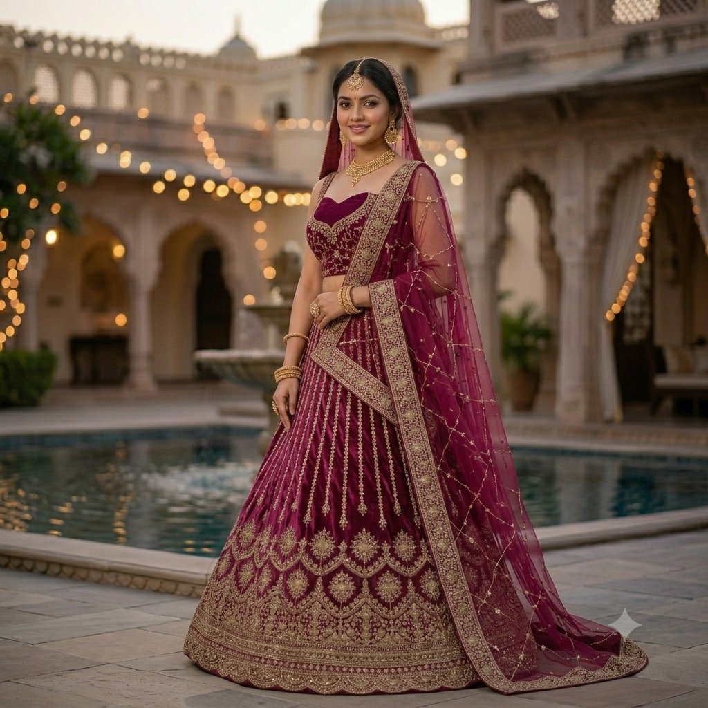MAROON VELVET STRAPLESS LEHENGA WITH GOLD SCALLOP EMBROIDERY