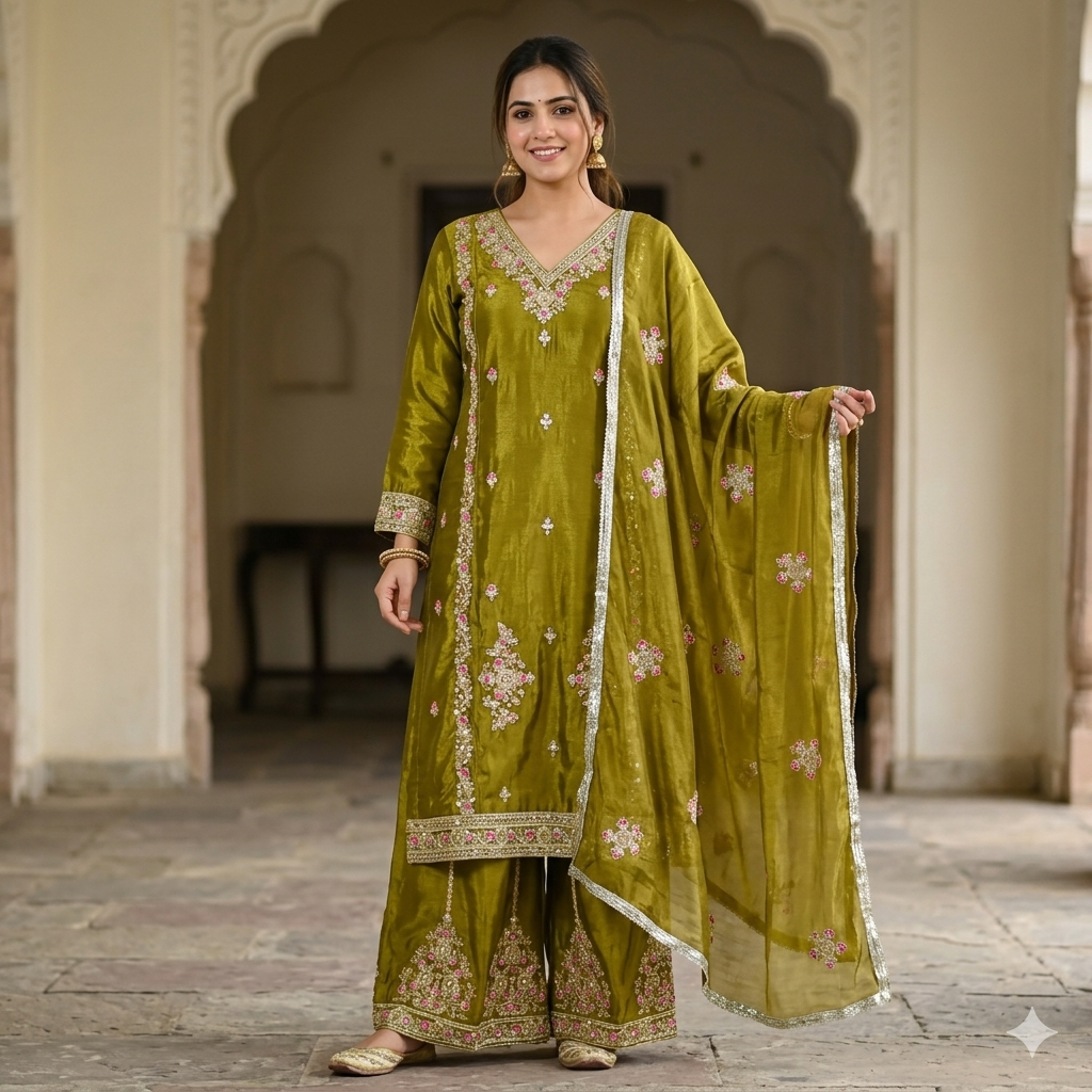 OLIVE GREEN EMBROIDERED SHARARA