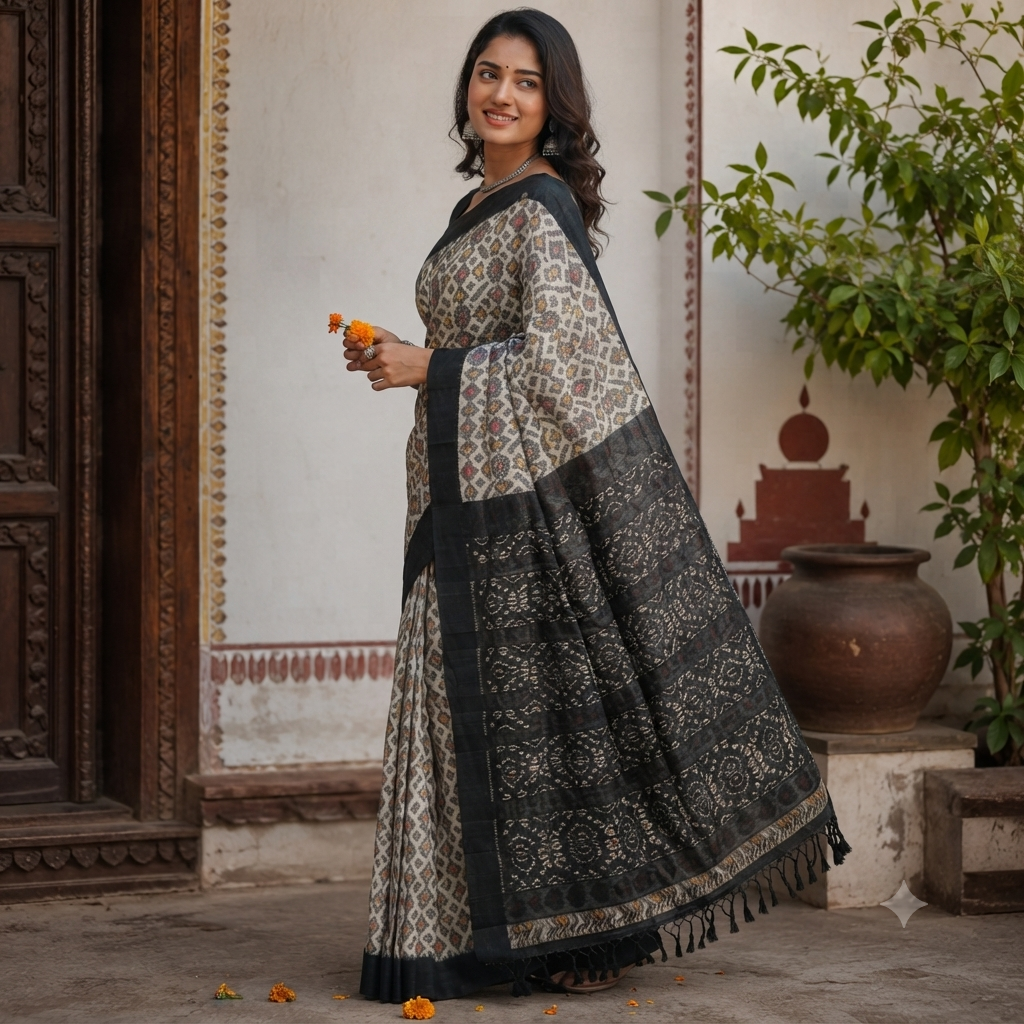 CREAM IKAT SAMBALPURI HANDLOOM COTTON SAREE
