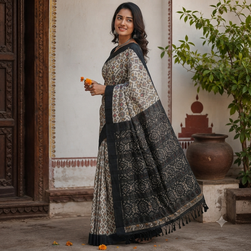 CREAM IKAT SAMBALPURI HANDLOOM COTTON SAREE