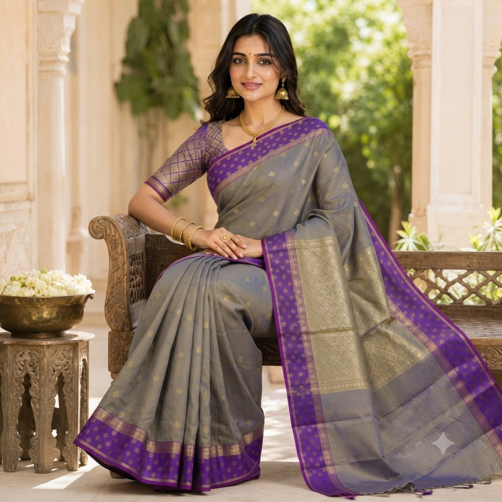 STEEL GREY BANARASI TISSUE SILK SAREE WITH ROYAL PURPLE BORDER