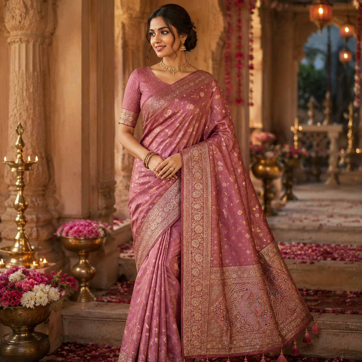 DUSTY ROSE GOLD BANARASI SILK SAREE