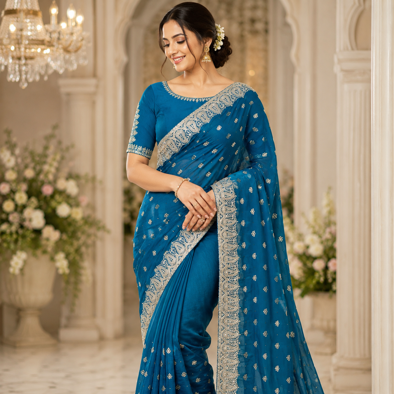 TEAL BLUE GEORGETTE/CHIFFON SAREE