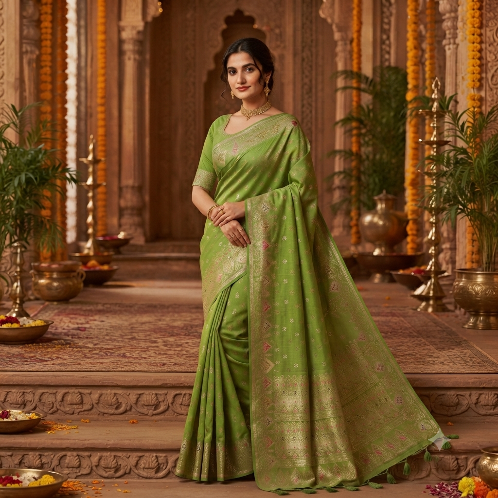 PARROT GREEN BANARASI SILK SAREE