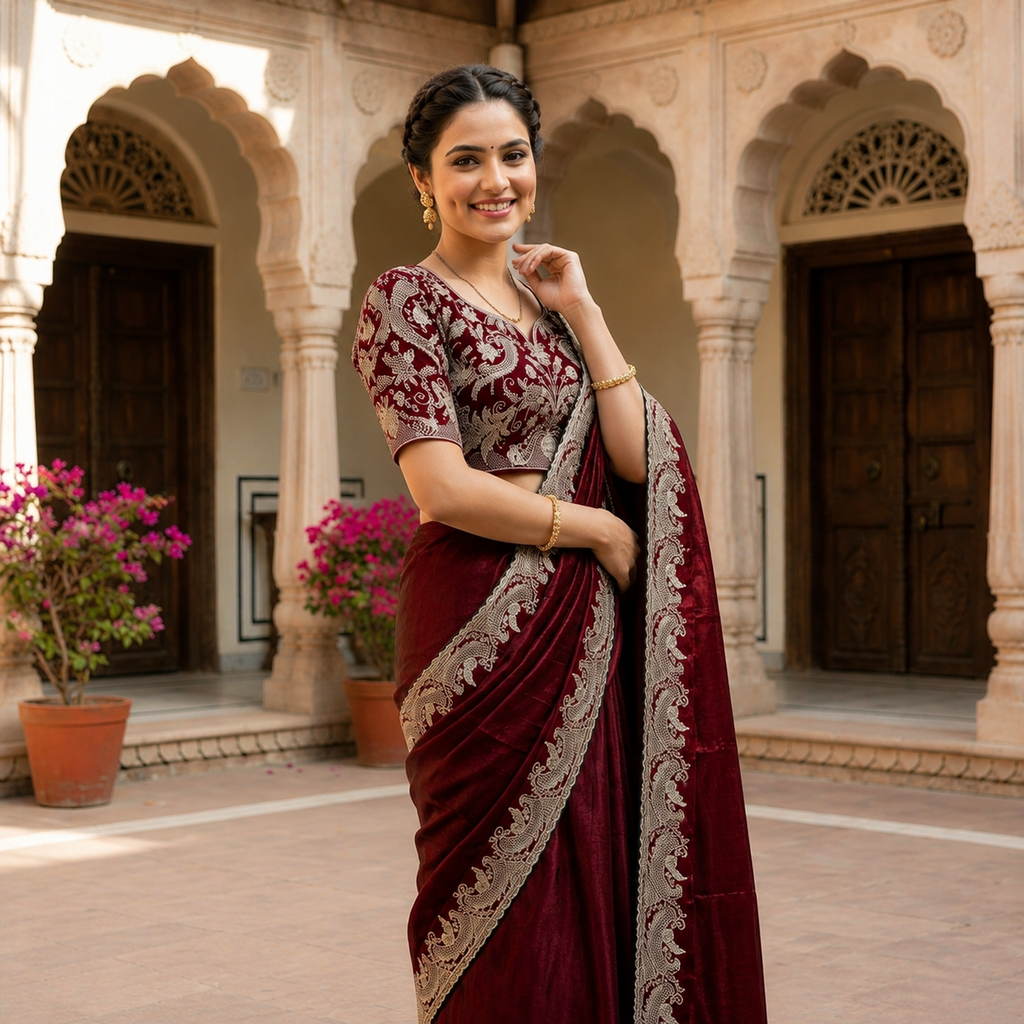 DEEP MAROON VELVET SAREE WITH HEAVY SILVER ZARDOZI BORDER