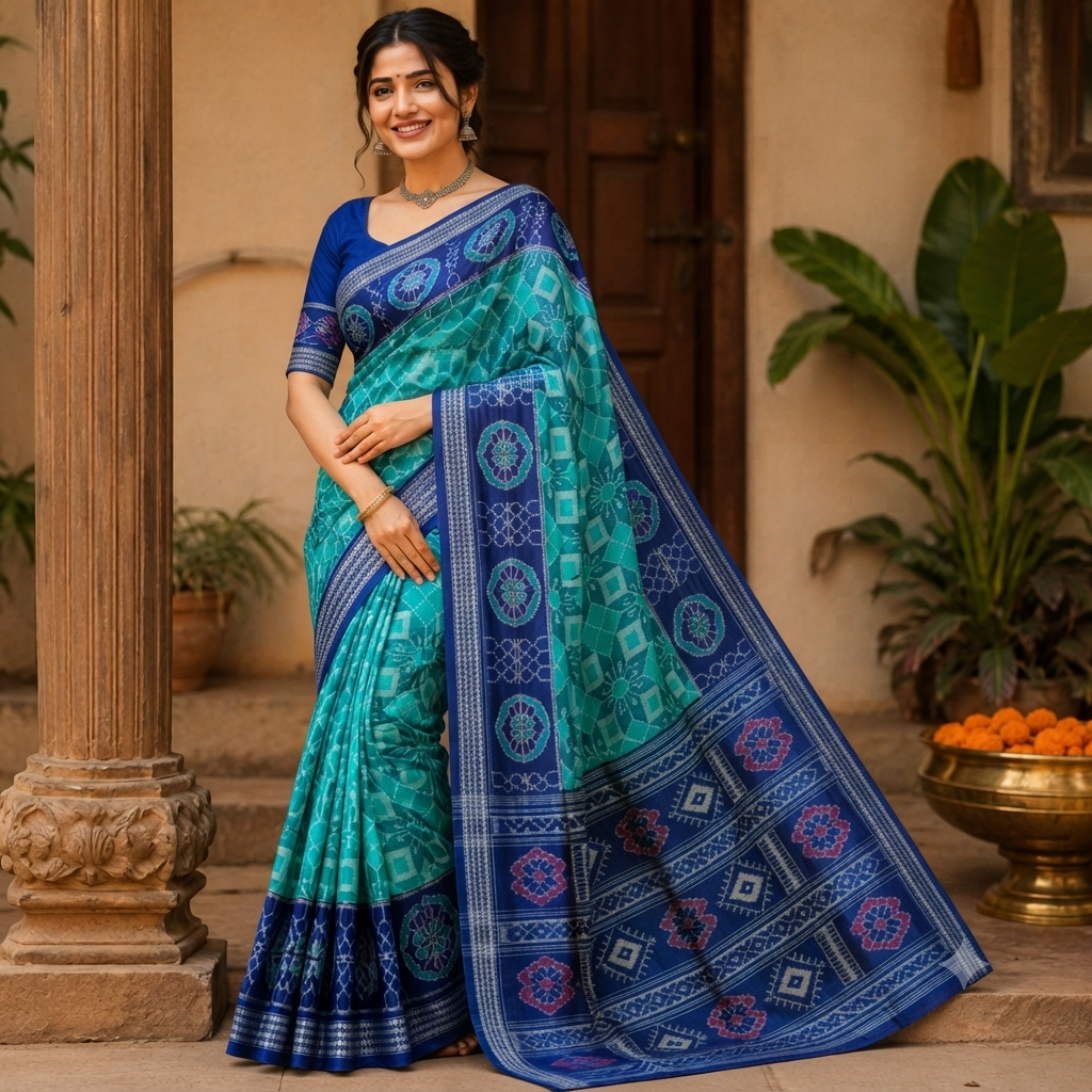 SEA GREEN SAMBALPURI  HANDLOOM COTTON SAREE