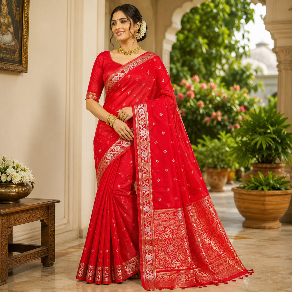 BRIGHT RED BANARASI SILK SAREE WITH GOLD ZARI BORDER