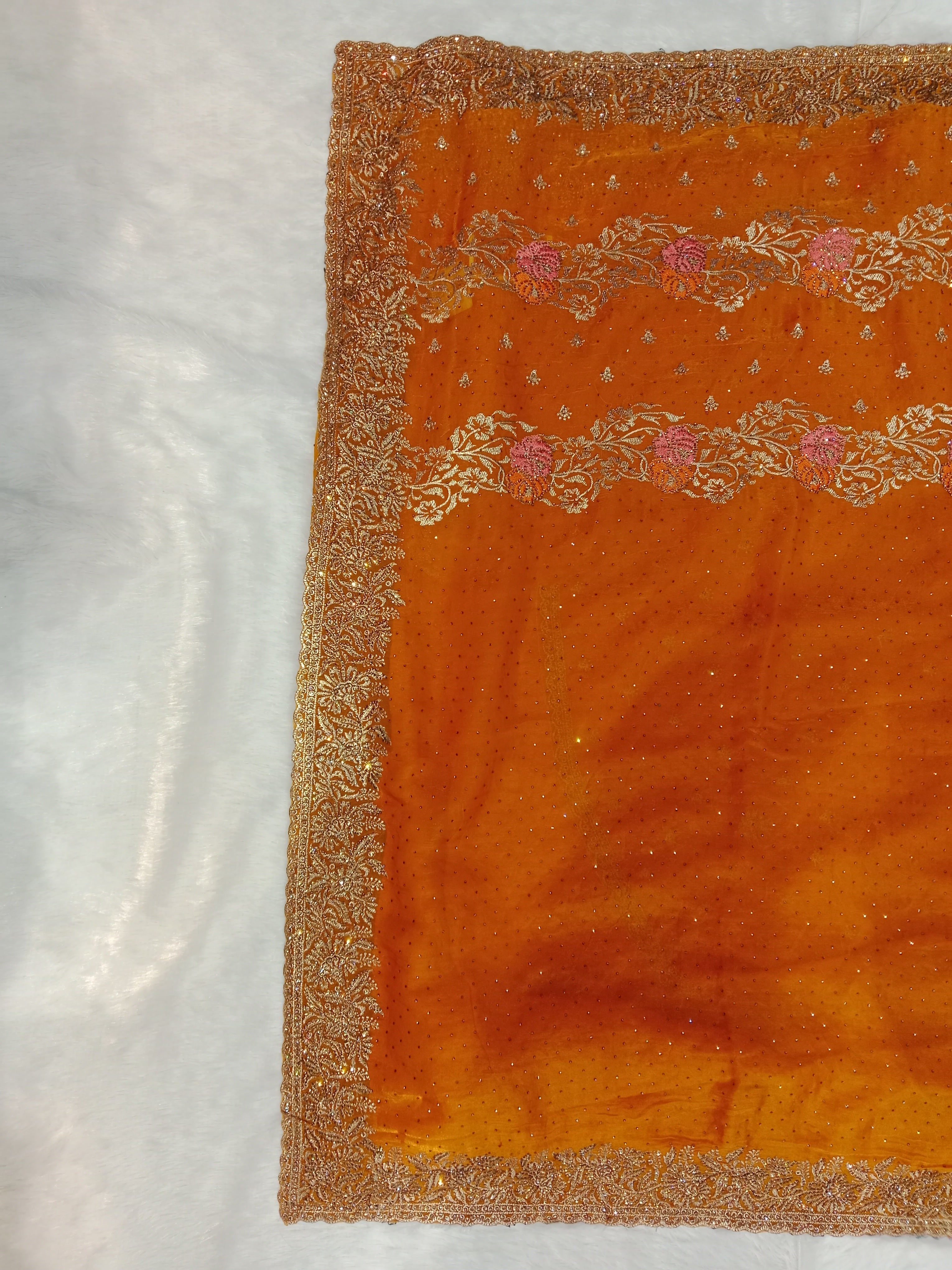 MARIGOLD GEORGETTE SAREE WITH GOLD+ PINK ZARI BORDER