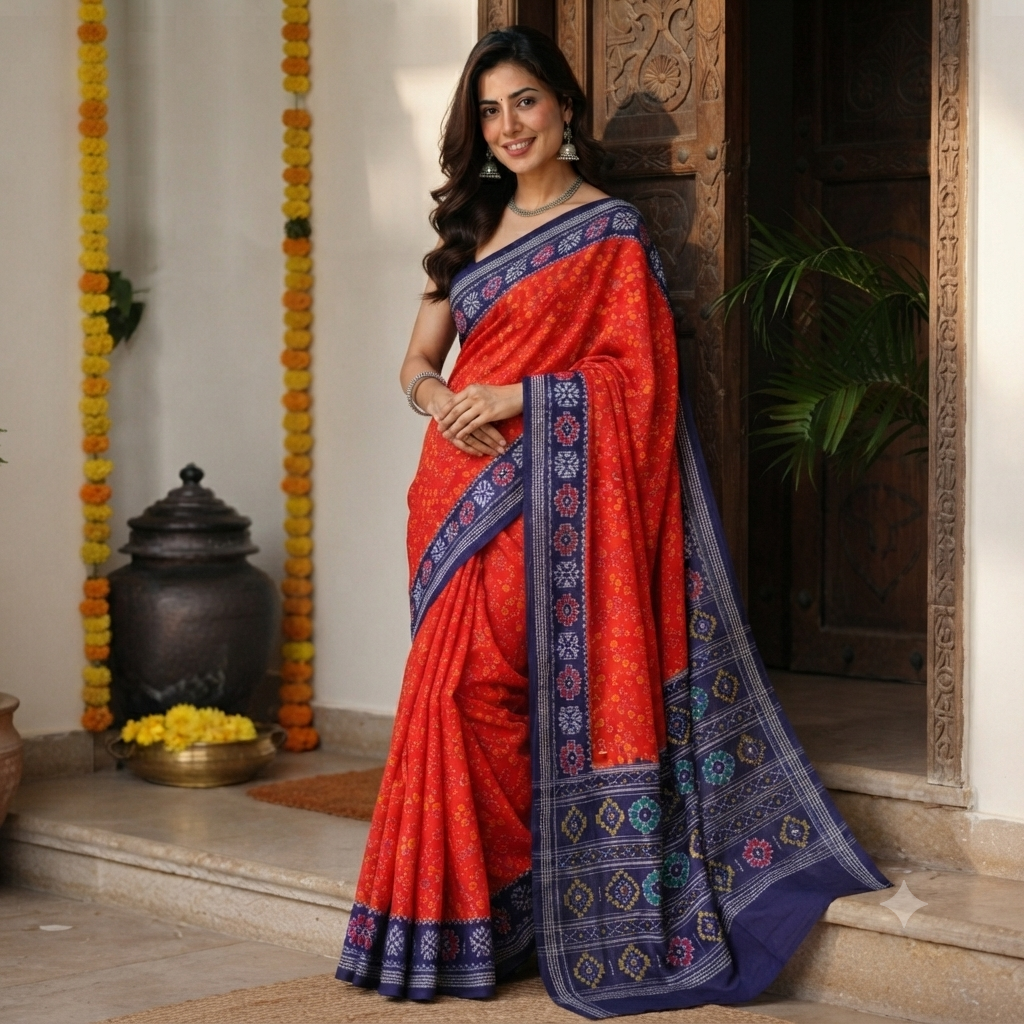 BRIGHT ORANGE SAMBALPURI HANDLOOM COTTON SAREE