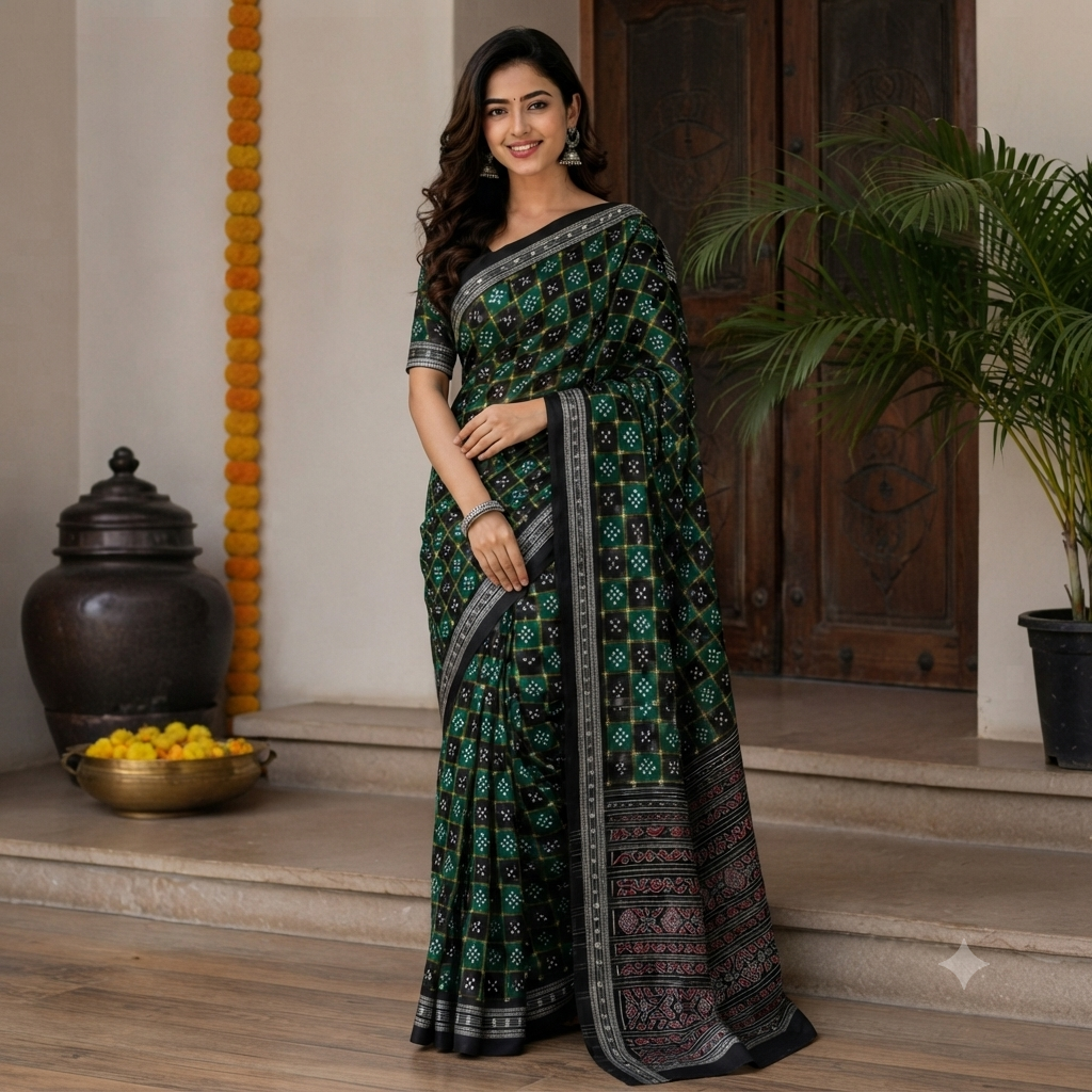EMERALD GREEN BANDHANI PRINT SAMBALPURI HANDLOOM COTTON SAREE