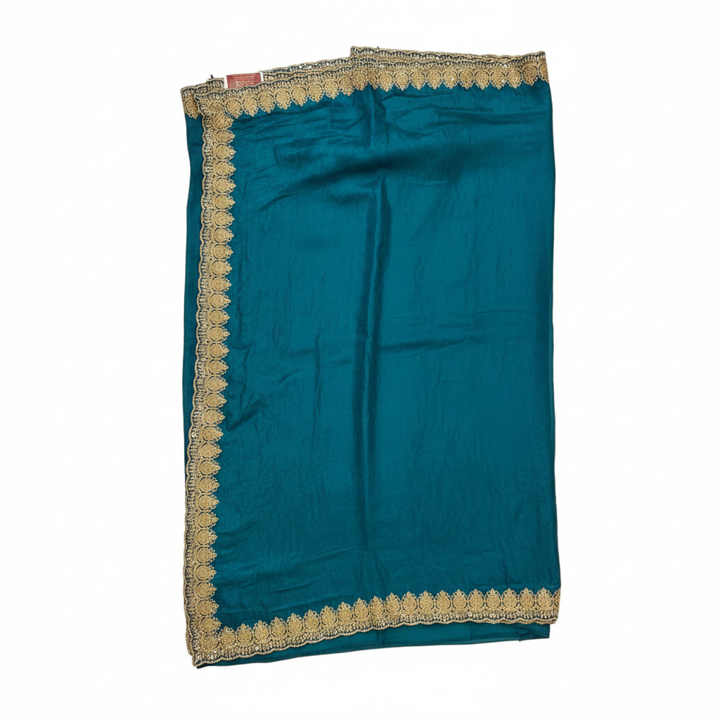TEAL GEORGETTE SAREE WITH SILVER SCALLOP BORDER