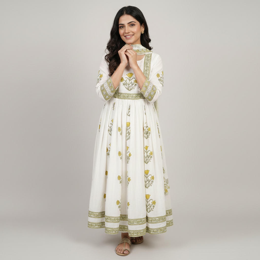 CRISP WHITE PURE MAL COTTON KURTI SET