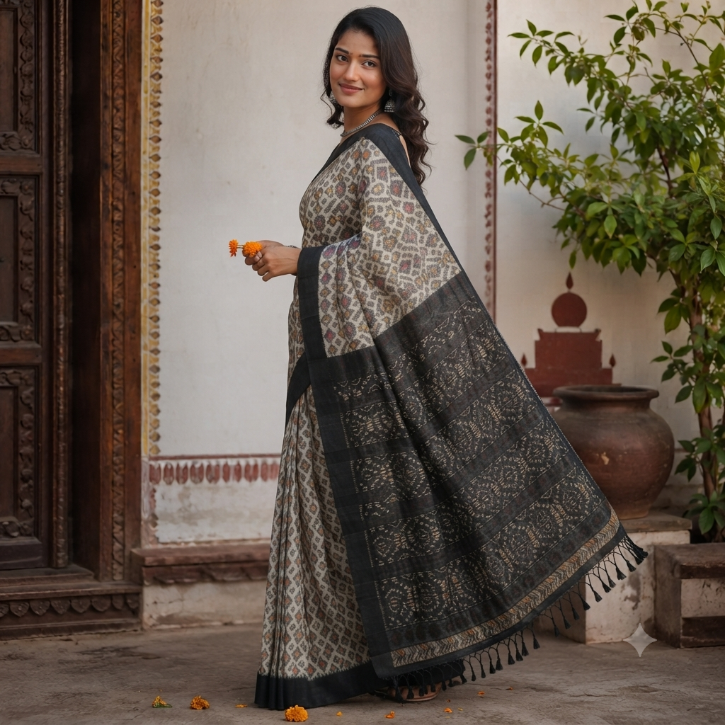 CREAM IKAT SAMBALPURI HANDLOOM COTTON SAREE