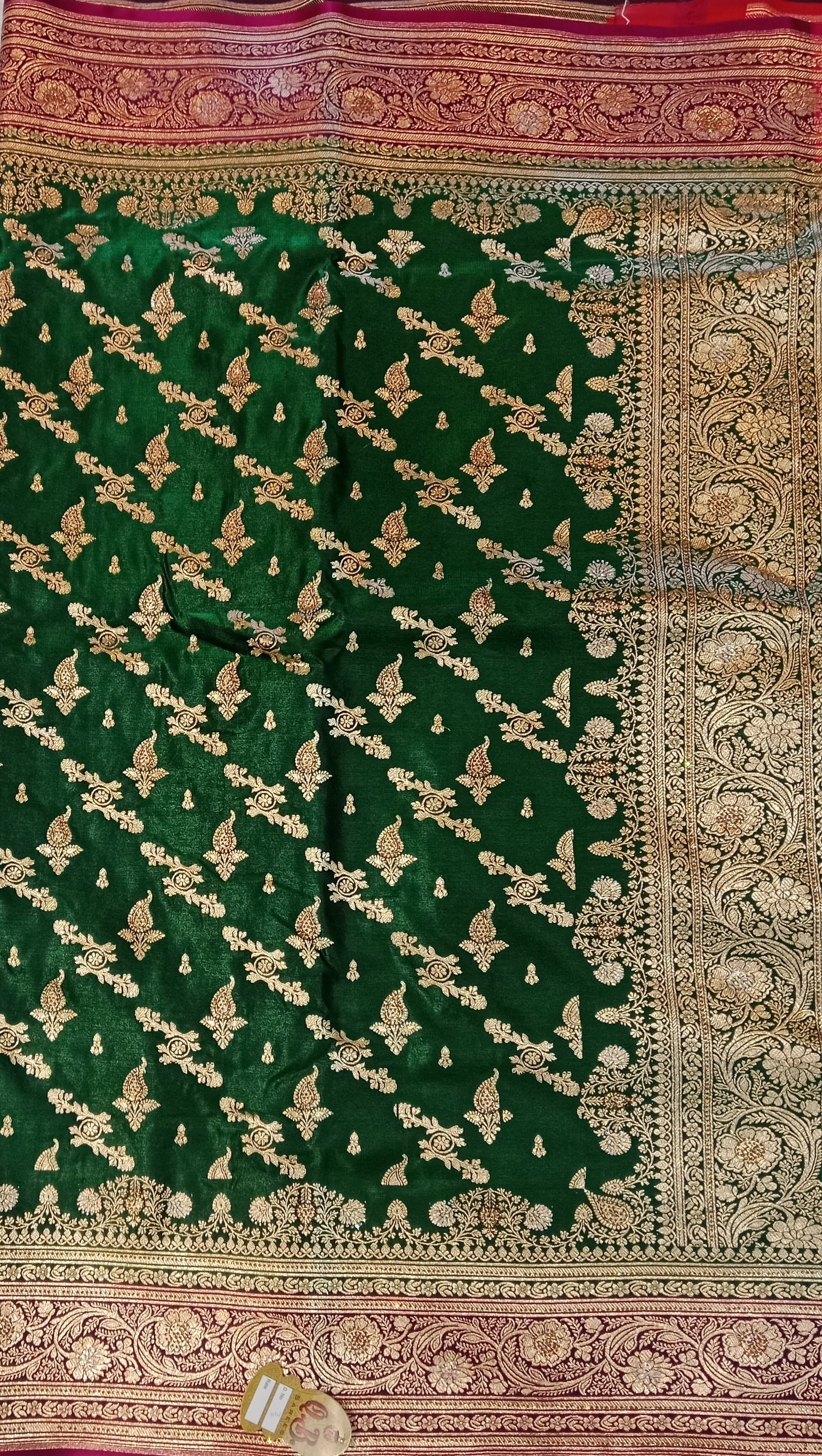 EMERALD GREEN BANARASI SILK SAREE WITH RANI PINK CONTRAST