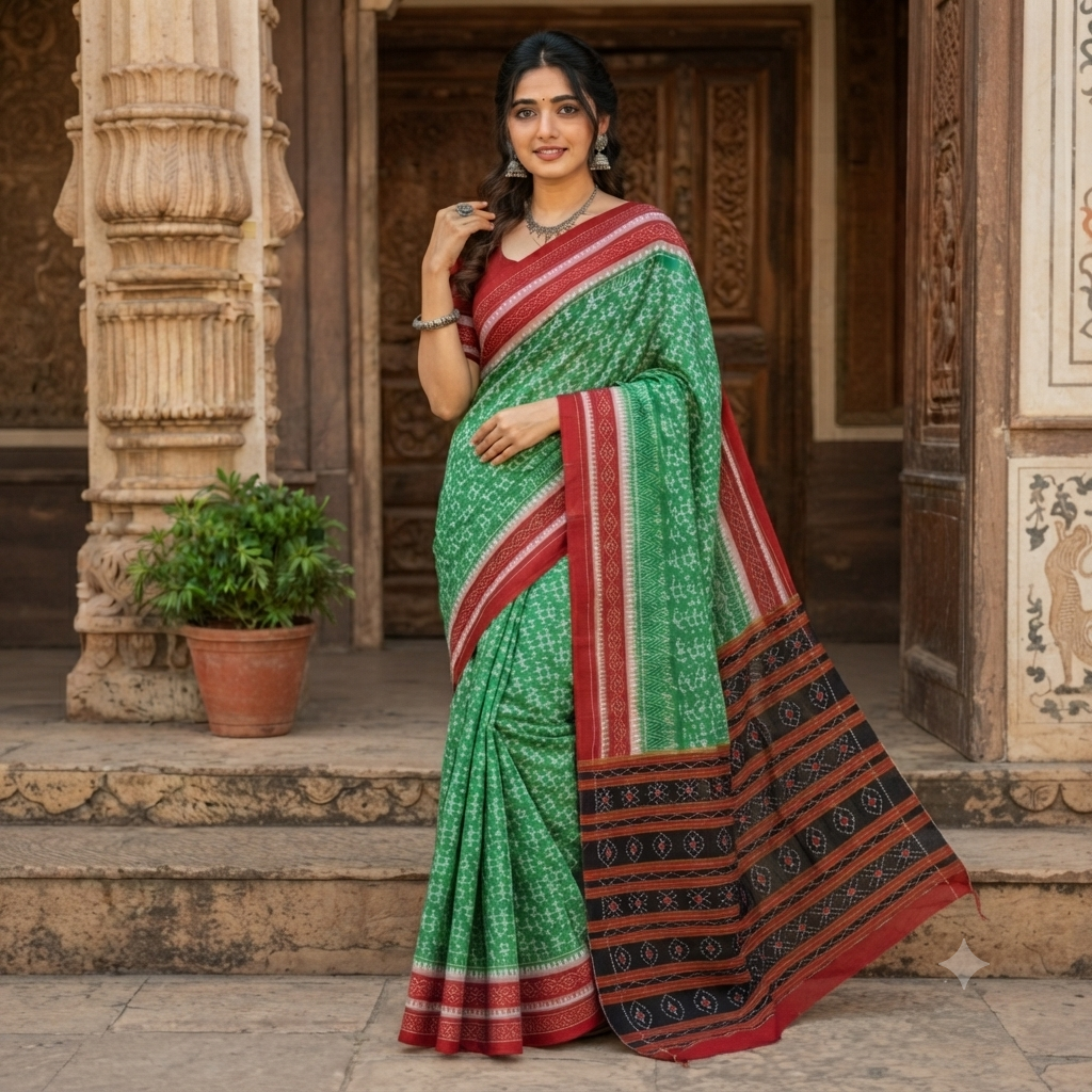 PARROT GREEN SAMBALPURI HANDLOOM COTTON SAREE
