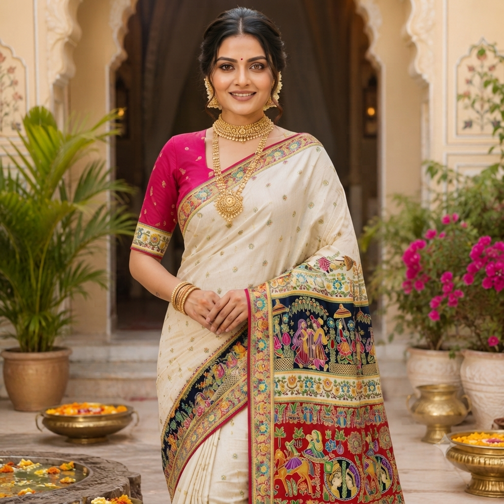 OFF- WHITE MULTICOLOUR PATAN STYLE SAREE