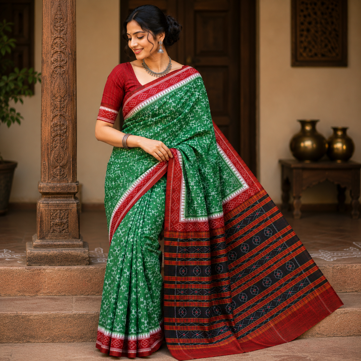 Sea Green Red Pure Sambalpuri Handloom Cotton Saree