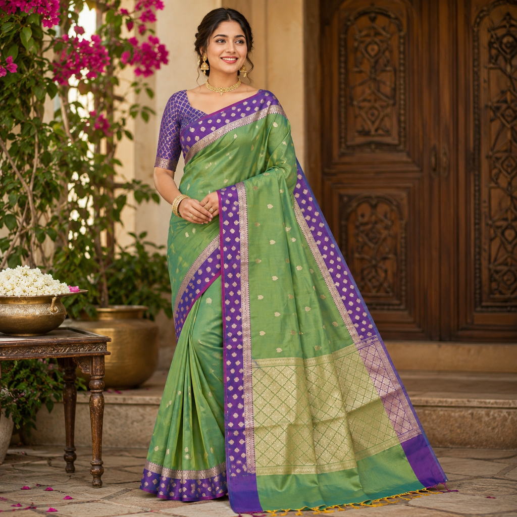 PARROT GREEN KANCHIPURAM SILK SAREE WITH VIOLET CONTRAST BORDER
