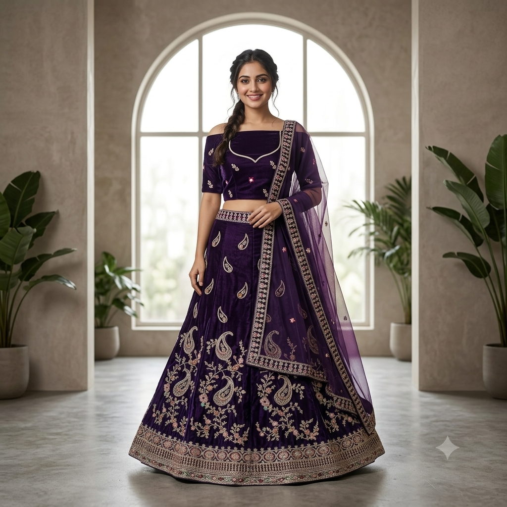 DEEP PURPLE VELVET LEHENGA WITH GOLD PAISLEY+ FLORAL EMBROIDERY