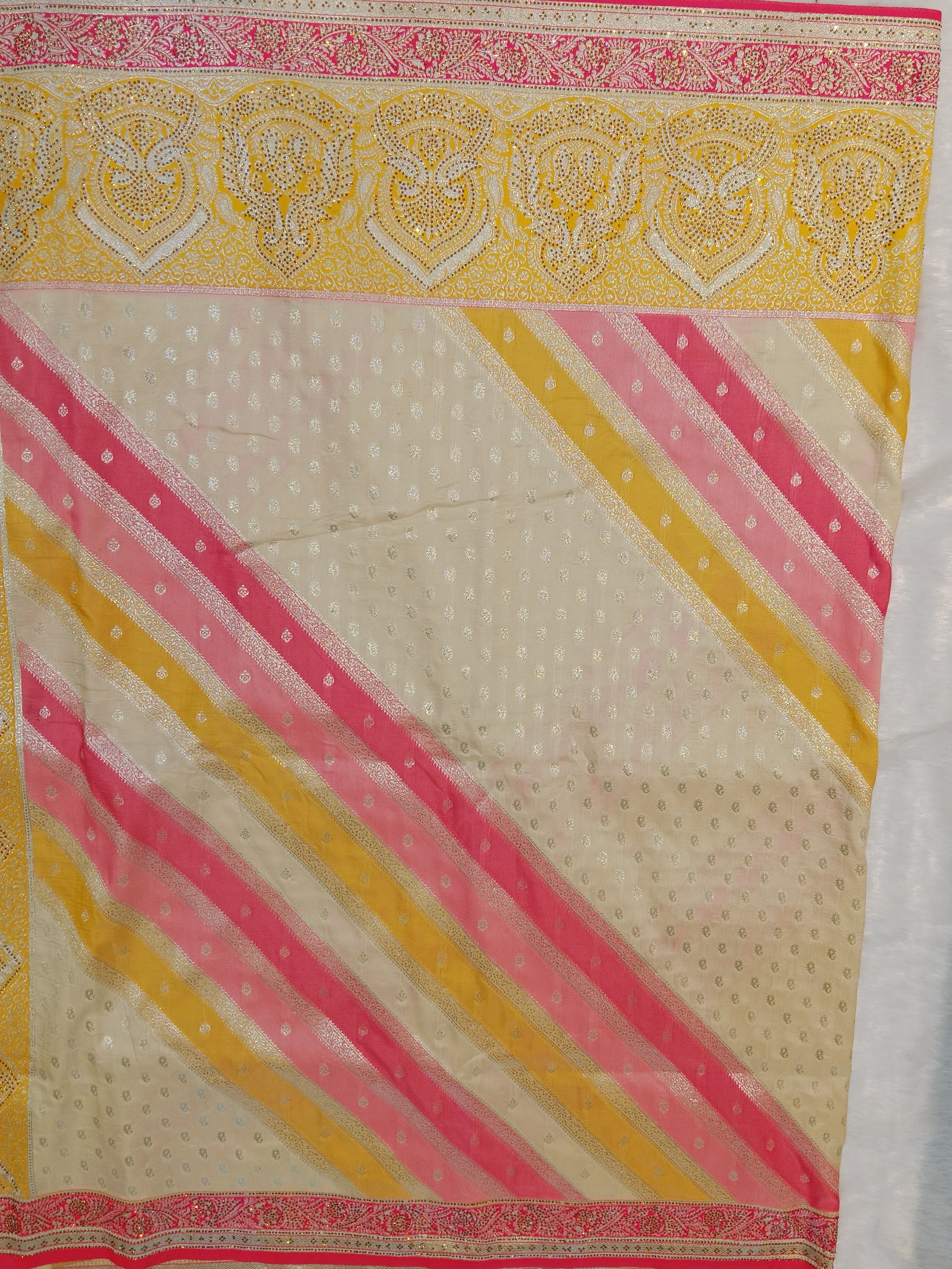 CREAM YELLOW+PINK LEHERIYA BANARASI SILK SAREE