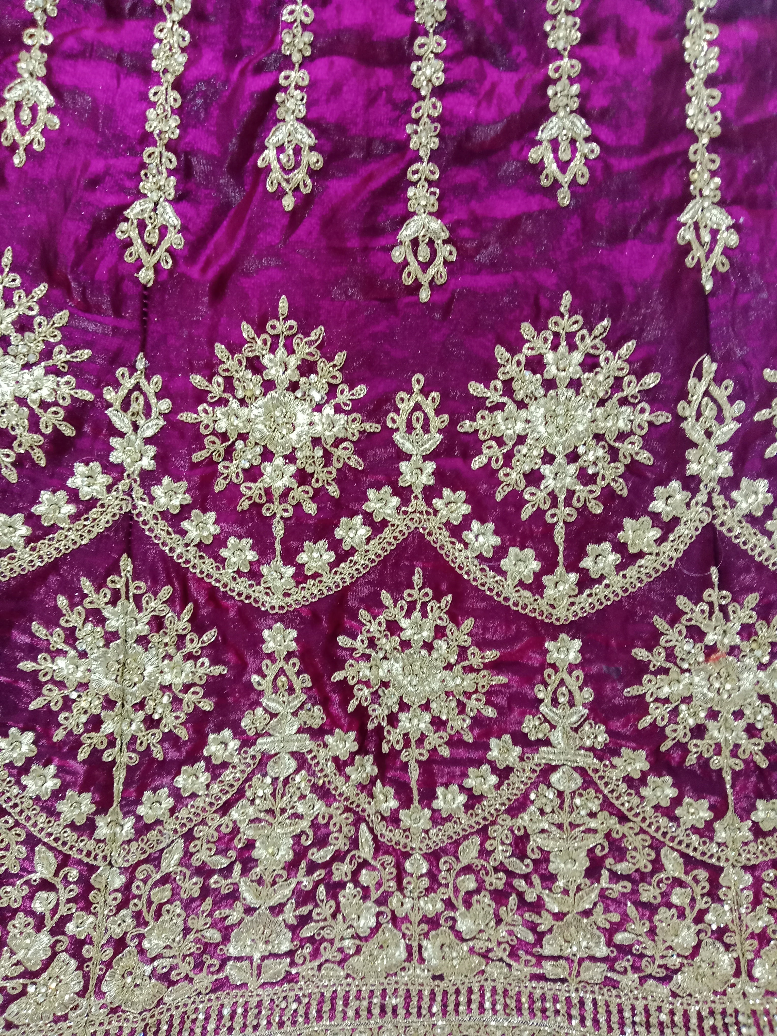 MAROON VELVET STRAPLESS LEHENGA WITH GOLD SCALLOP EMBROIDERY
