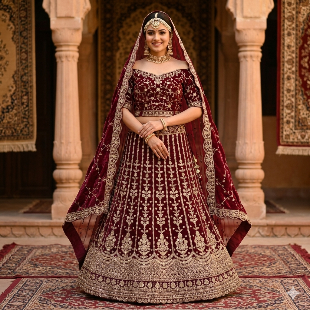 MAROON VELVET GULMOHAR LEHENGA