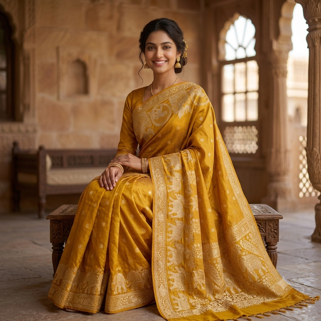 MUSTARD YELLOW BANARASI SILK SAREE WITH ELEPHANT+ PEACOCK GOLD ZARI MOTIFS