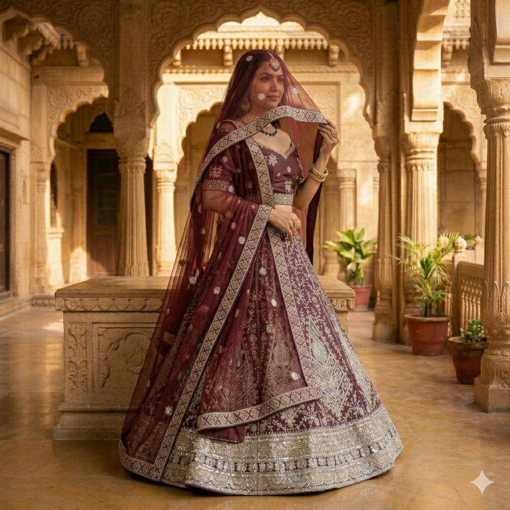 WINE MAROON LEHENGA WITH SILVER GOLD
