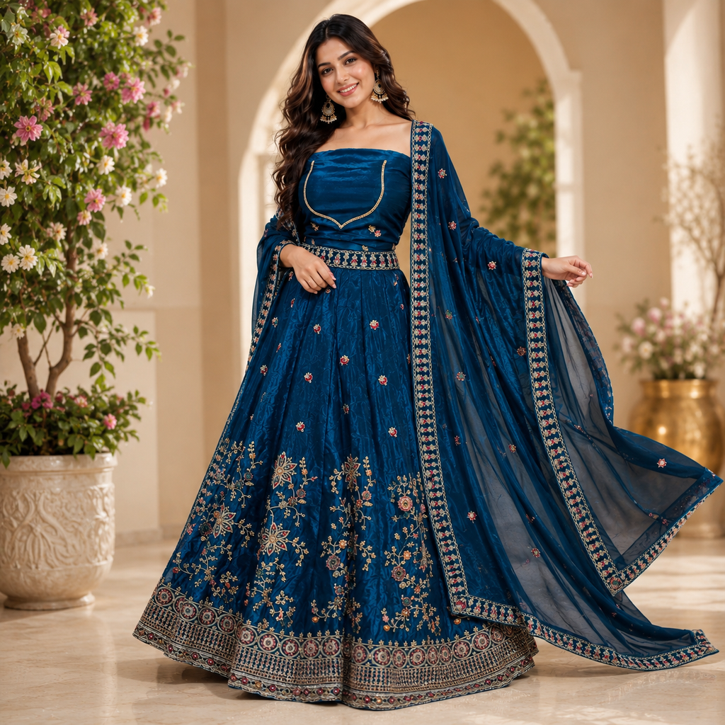 TEAL BLUE VELVET LEHENGA WITH GOLD+ PINK FLORAL EMBROIDERY