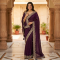 DEEP AUBERGINE PURPLE SAREE WITH HEAVY GOLD PAISLEY BORDER