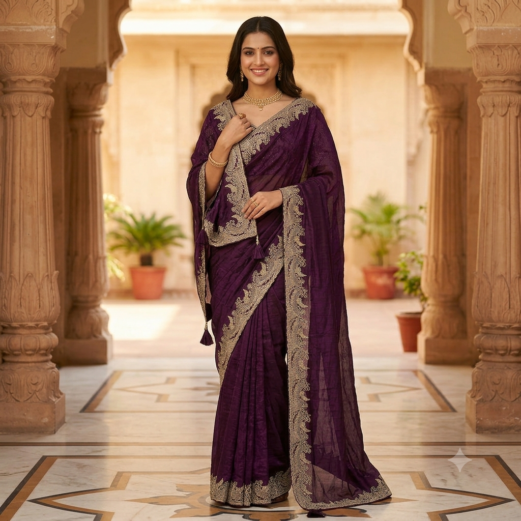 DEEP AUBERGINE PURPLE SAREE WITH HEAVY GOLD PAISLEY BORDER