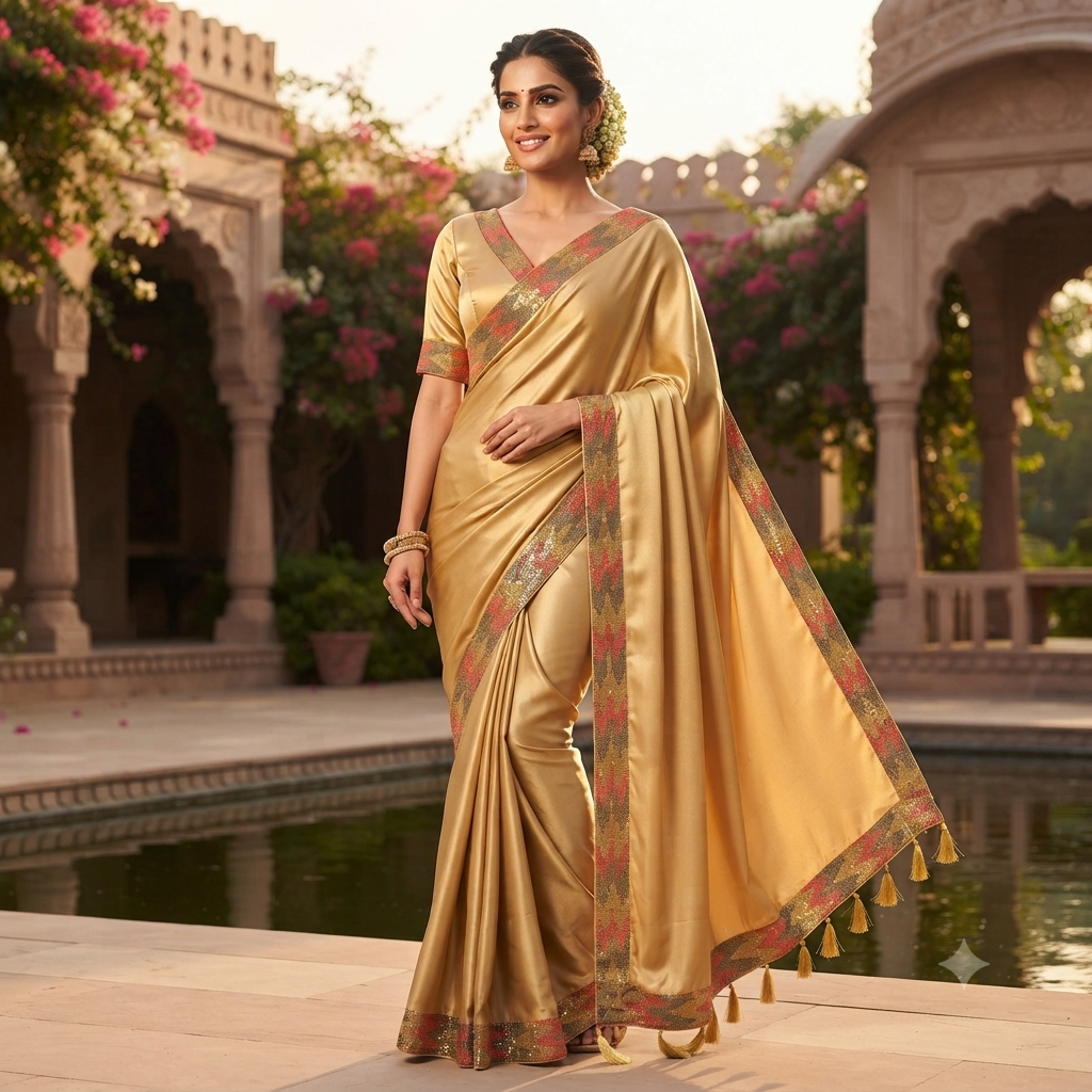 CHAMPAGNE GOLD / BEIGE SATIN SILK SAREE