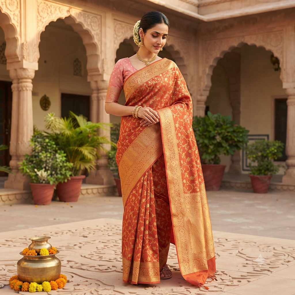 BURNT ORANGE BANARASI SILK SAREE