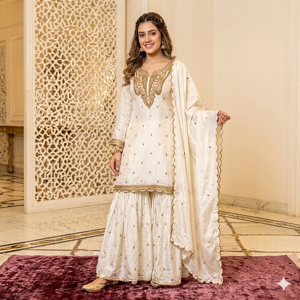 IVORY GOLD EMBROIDERED SHARARA