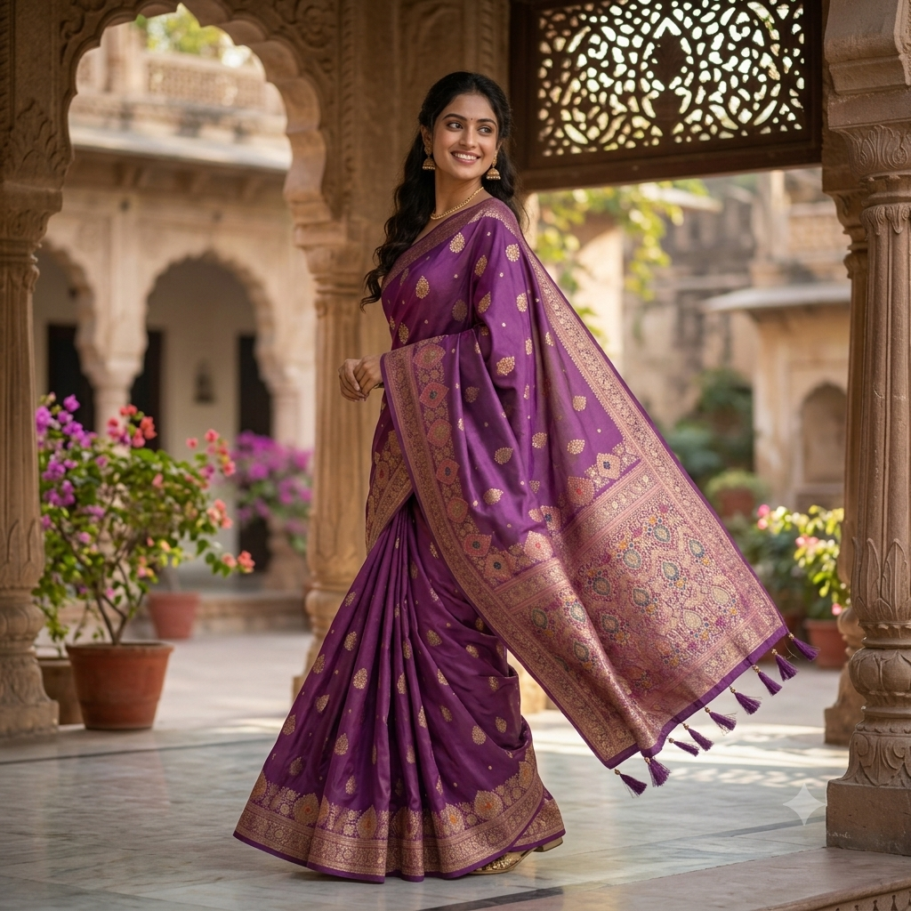 DEEP JAMUNI PURPLE BANARASI SILK SAREE WITH GOLD BUTTAS