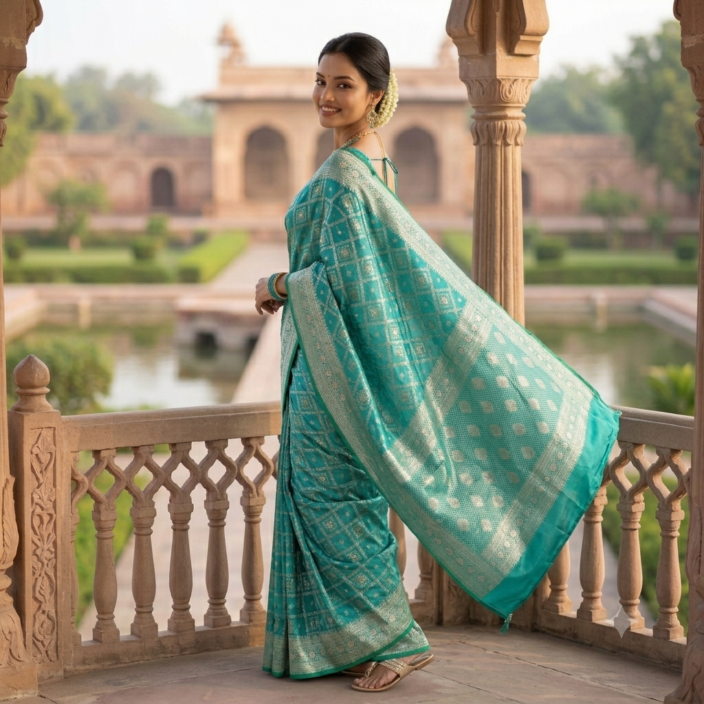 PEACOCK TEAL BANARASI SILK SAREE WITH SILVER ZARI