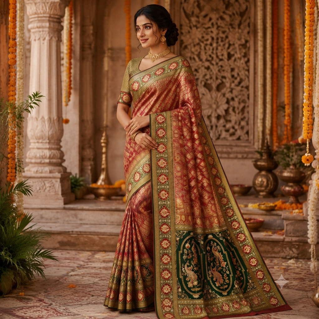 RED EMERALD GREEN BANARASI SILK SAREE