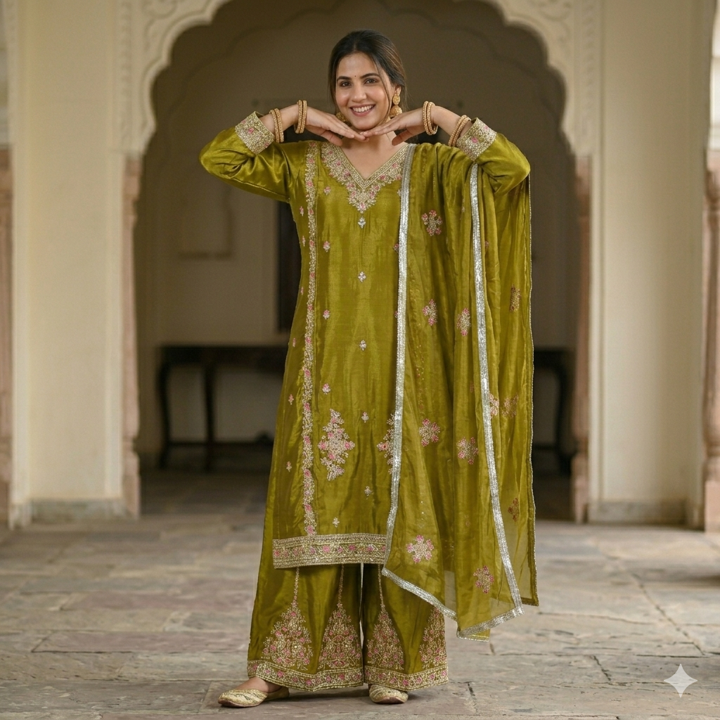 OLIVE GREEN EMBROIDERED SHARARA