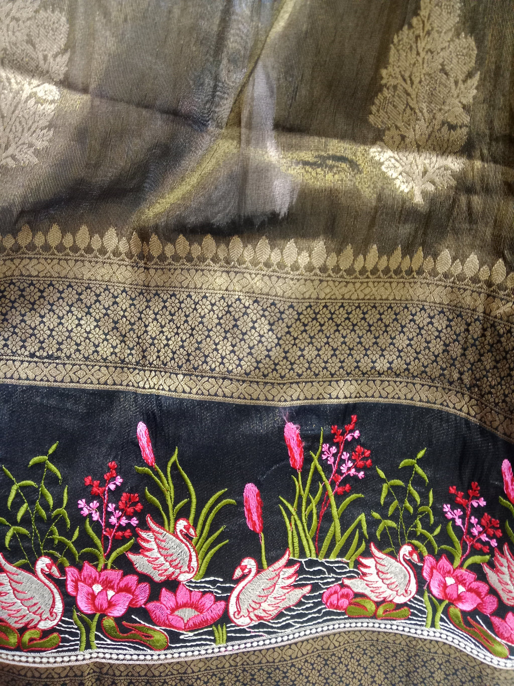 OLIVE GREEN LEHENGA WITH THOSE BRIGHT PINK + LOTUS FLORAL BORDER