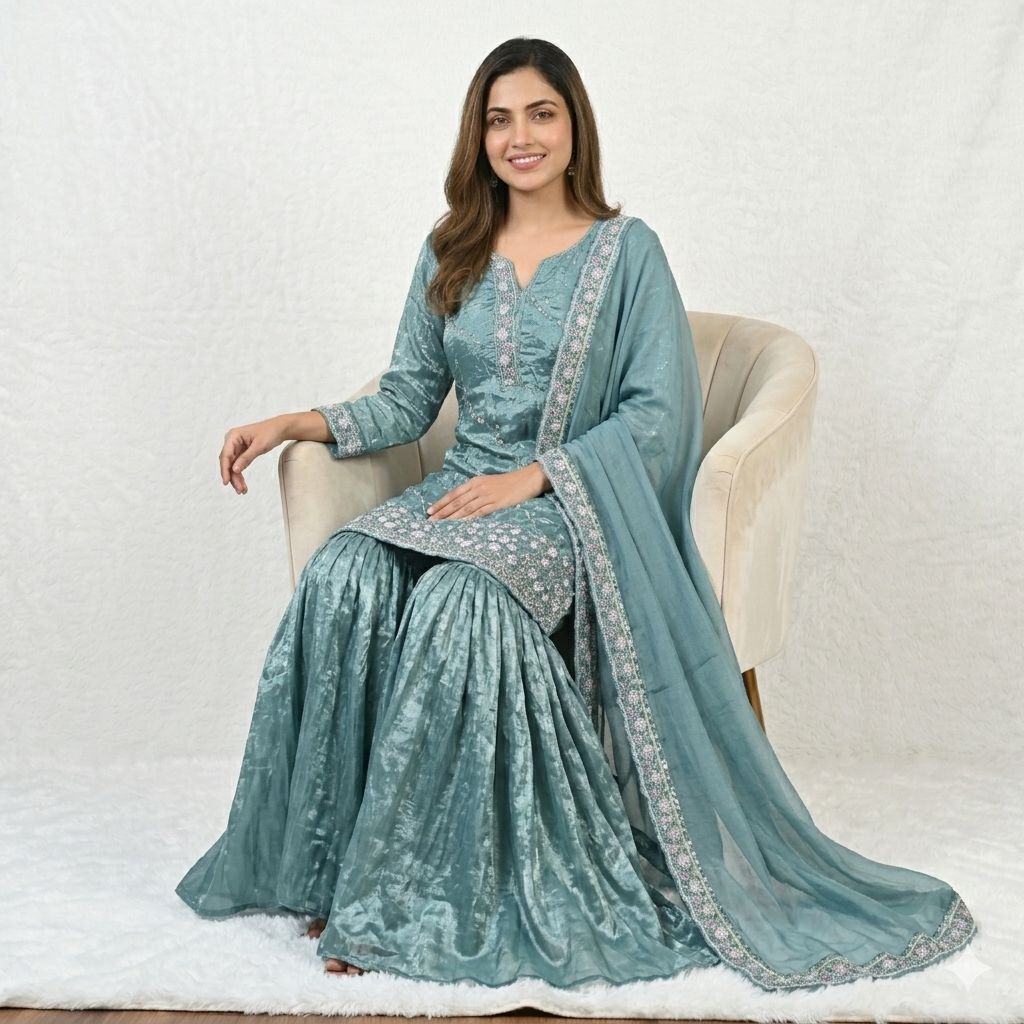 DUSTY BLUE EMBROIDERED SHARARA