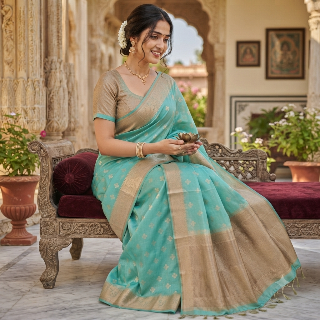 SEA GREEN BANARASI CHANDERI SILK SAREE WITH GOLD ZARI BORDER