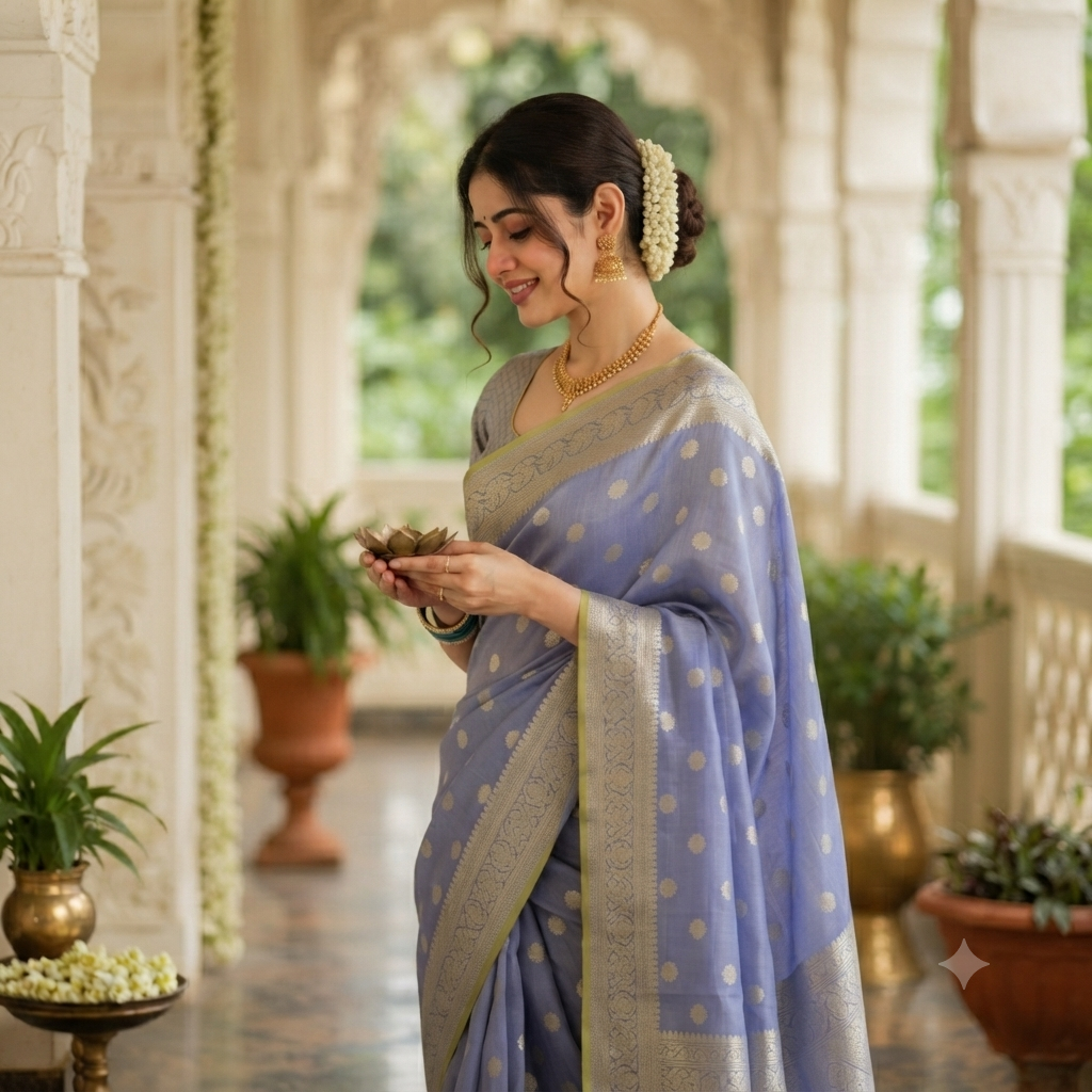 PERIWINKLE BLUE BANARASI SILK SAREE WITH GOLD ZARI BORDER
