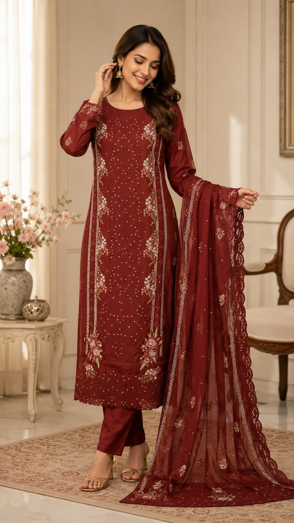 MAROON EMBROIDERED DRESS MATERIAL