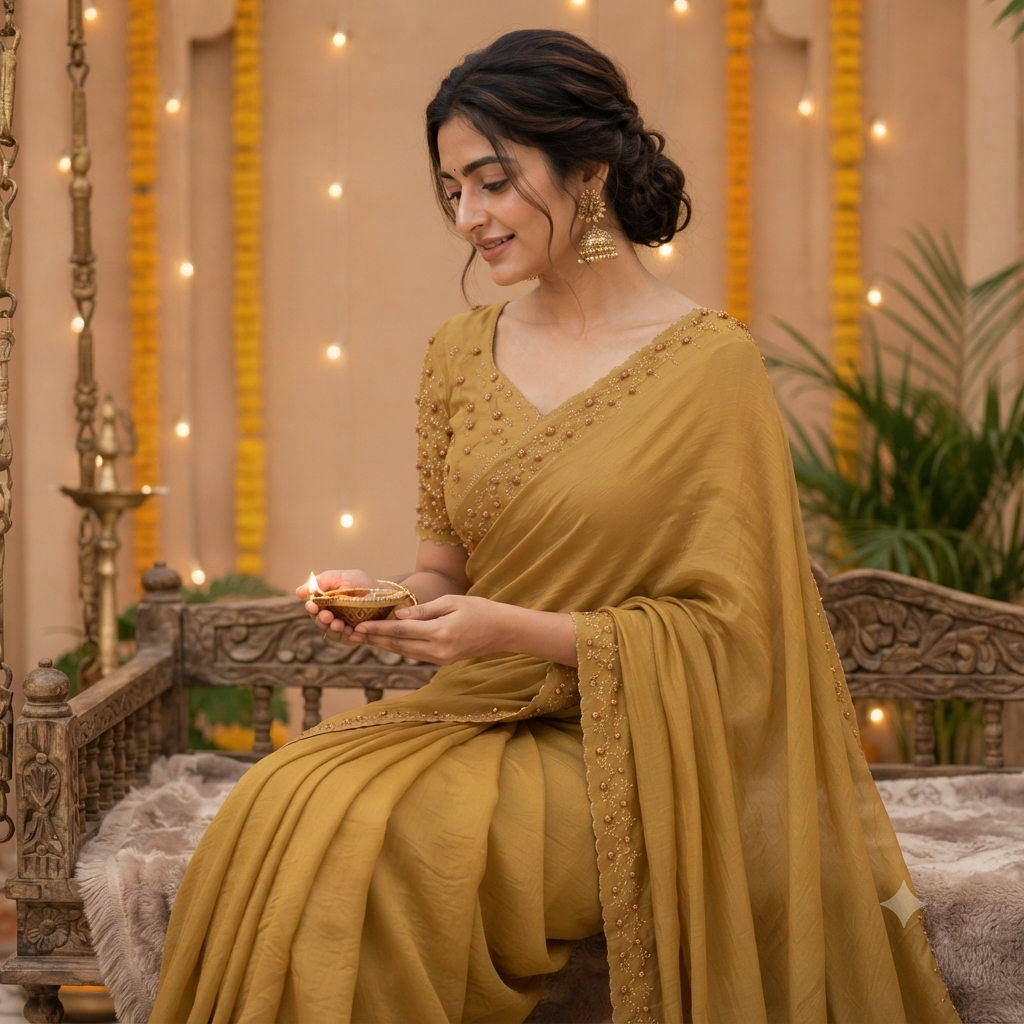 OLIVE GOLD TISSUE SAREE WITH BEADED BORDER WORK