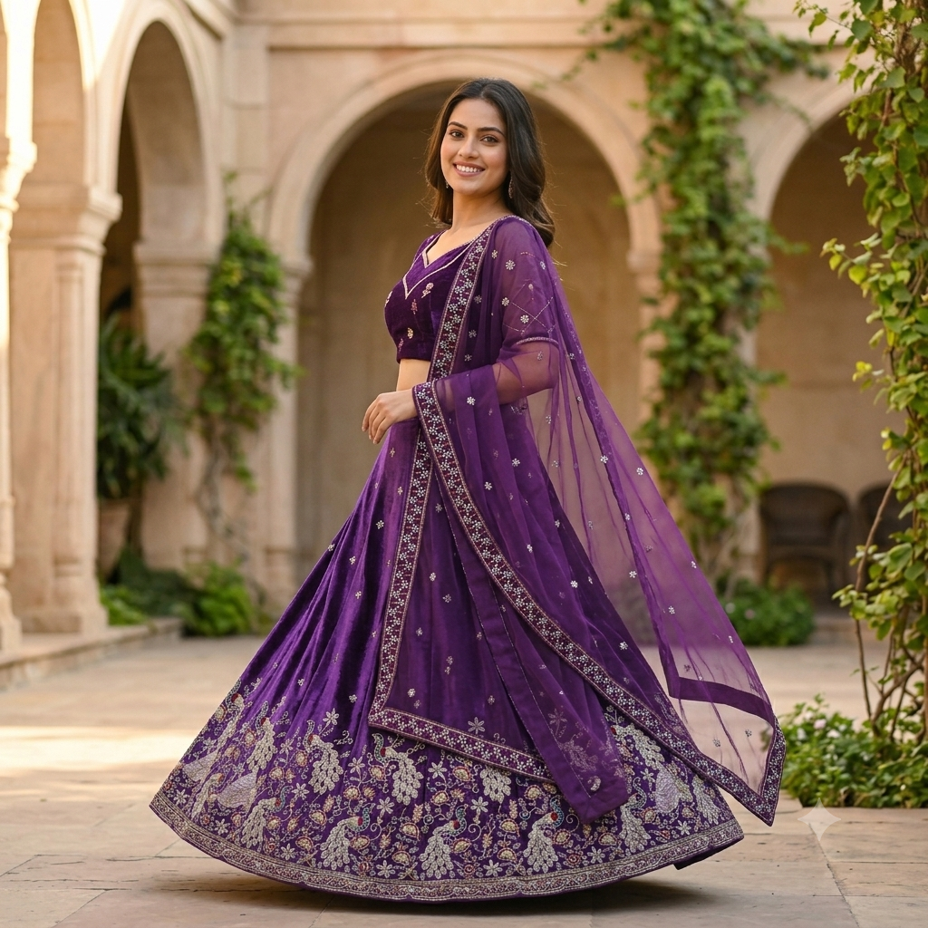 PURPLE VELVET DESIGNER LEHENGA