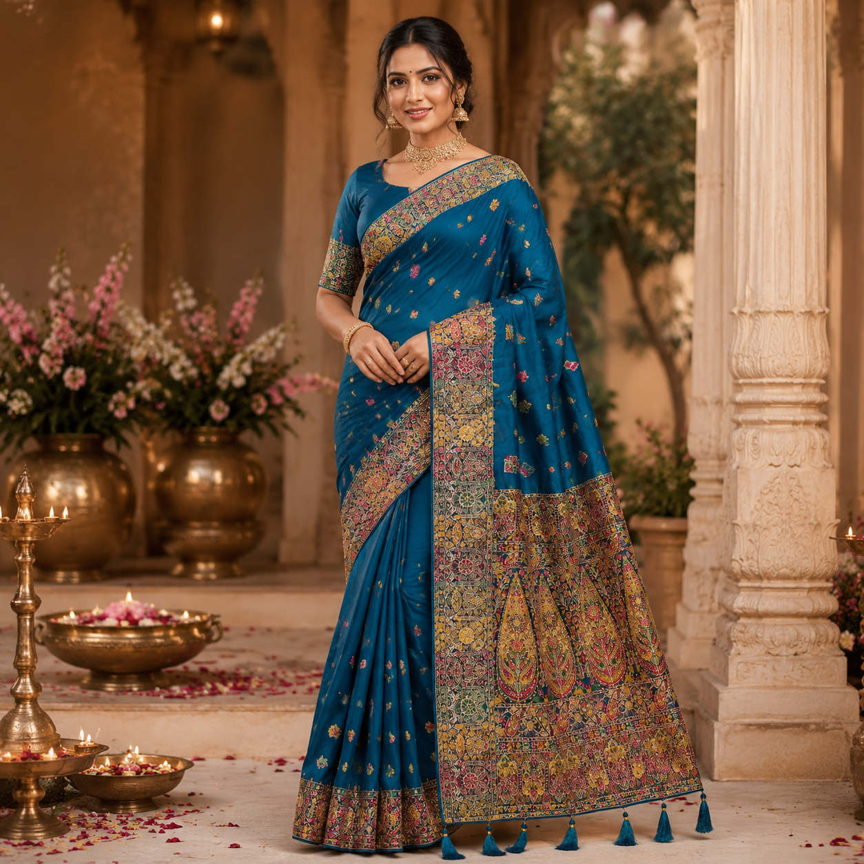 PEACOCK BLUE MULTICOLOUR BANARASI SILK SAREE