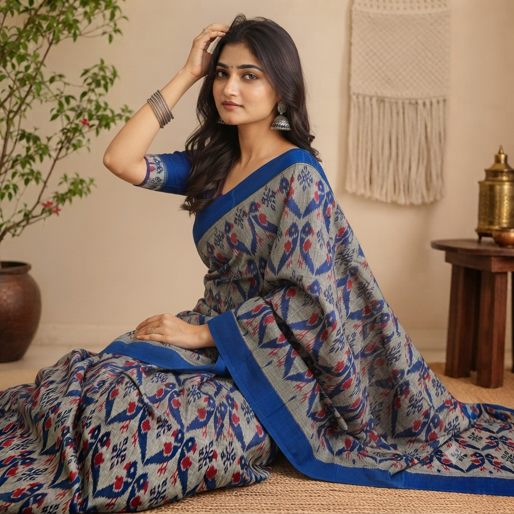 GREY- BLUE IKAT PRINT SAMBALPURI HANDLOOM COTTON SAREE