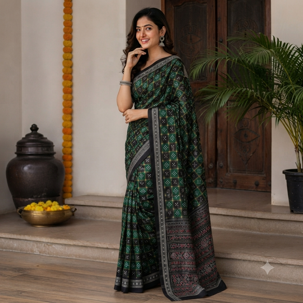 EMERALD GREEN BANDHANI PRINT SAMBALPURI HANDLOOM COTTON SAREE