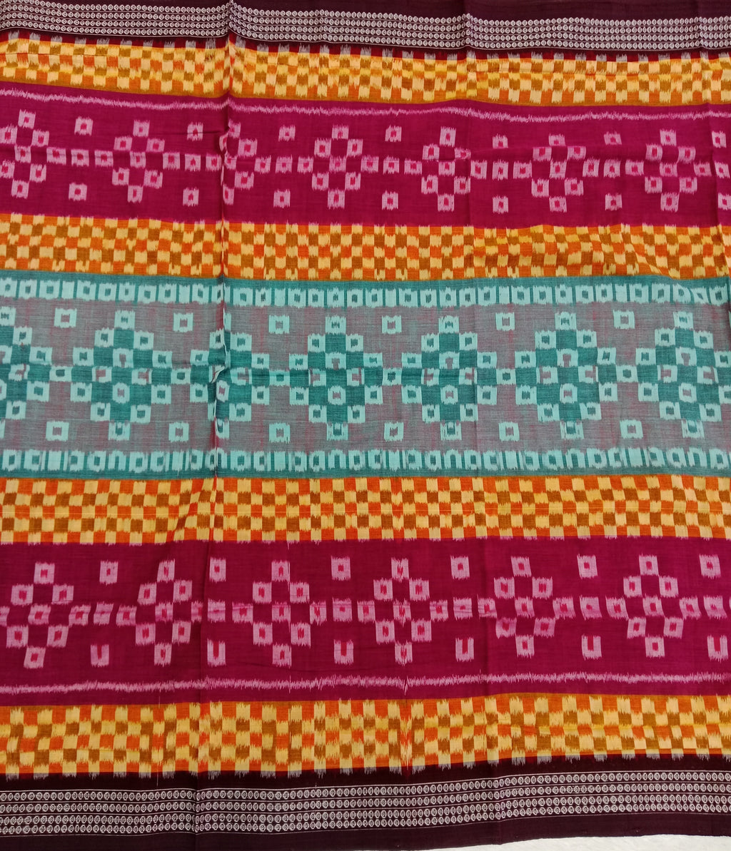 MAGENTA, MUSTARD YELLOW AND TURQUOISE BANDHANI PRINT SAMBALPURI HANDLOOM COTTON SAREE
